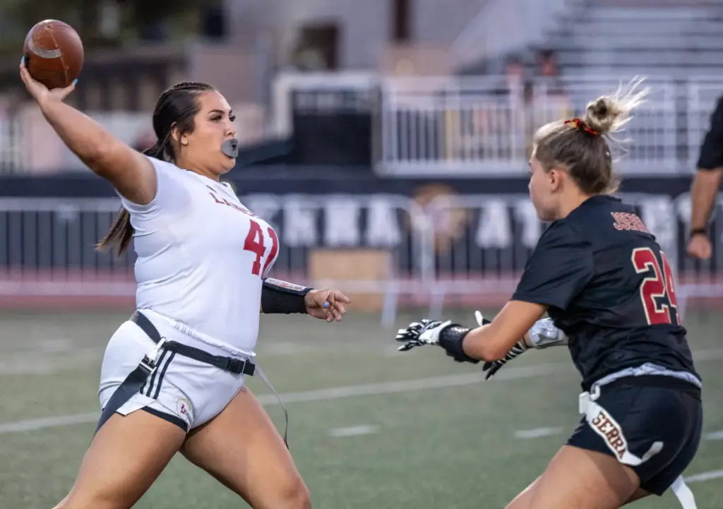 Orange Lutheran quarterback Olivia Walters (41) throws the ball during...