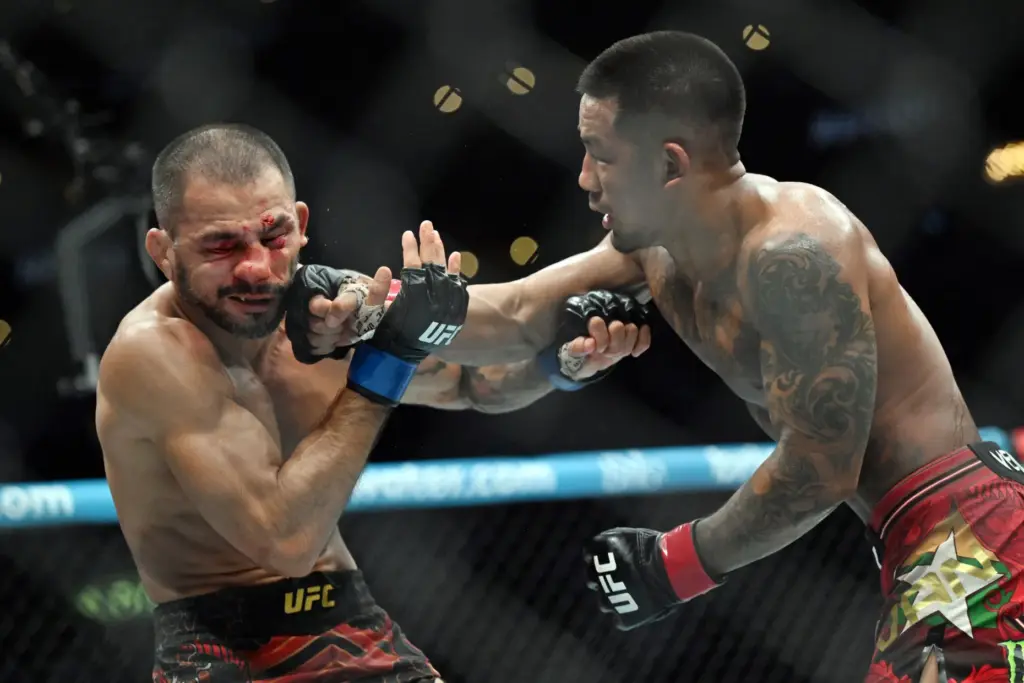 Flyweight champion Joshua Van (red) lands a punch on Alexandre...
