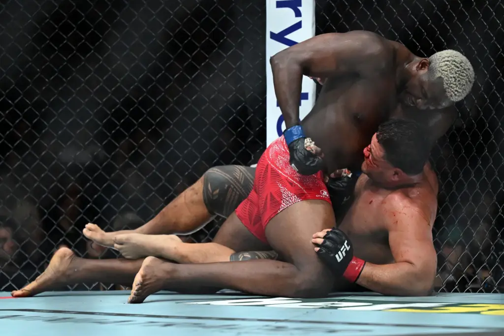 Tai Tuivasa (red) vs. Robelis Despaigne (blue) during their fight...