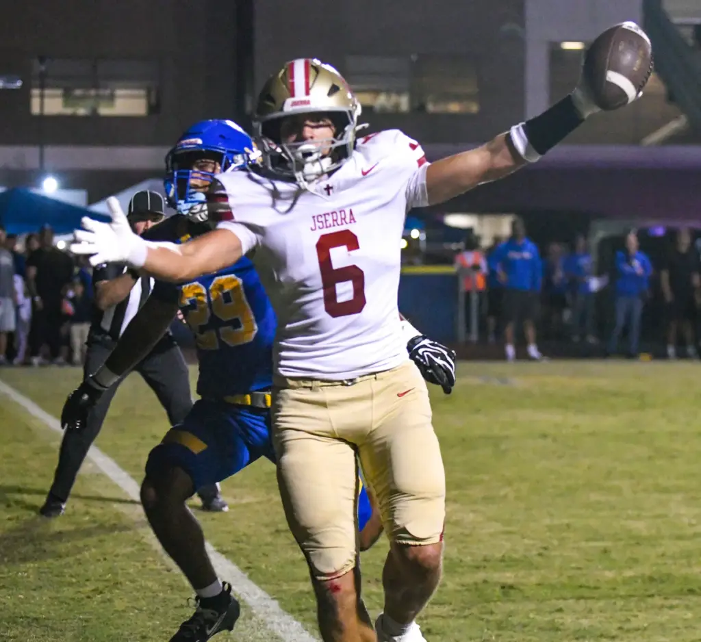 JSerra tight end Grayson Matvay (6) scores a touchdown in...