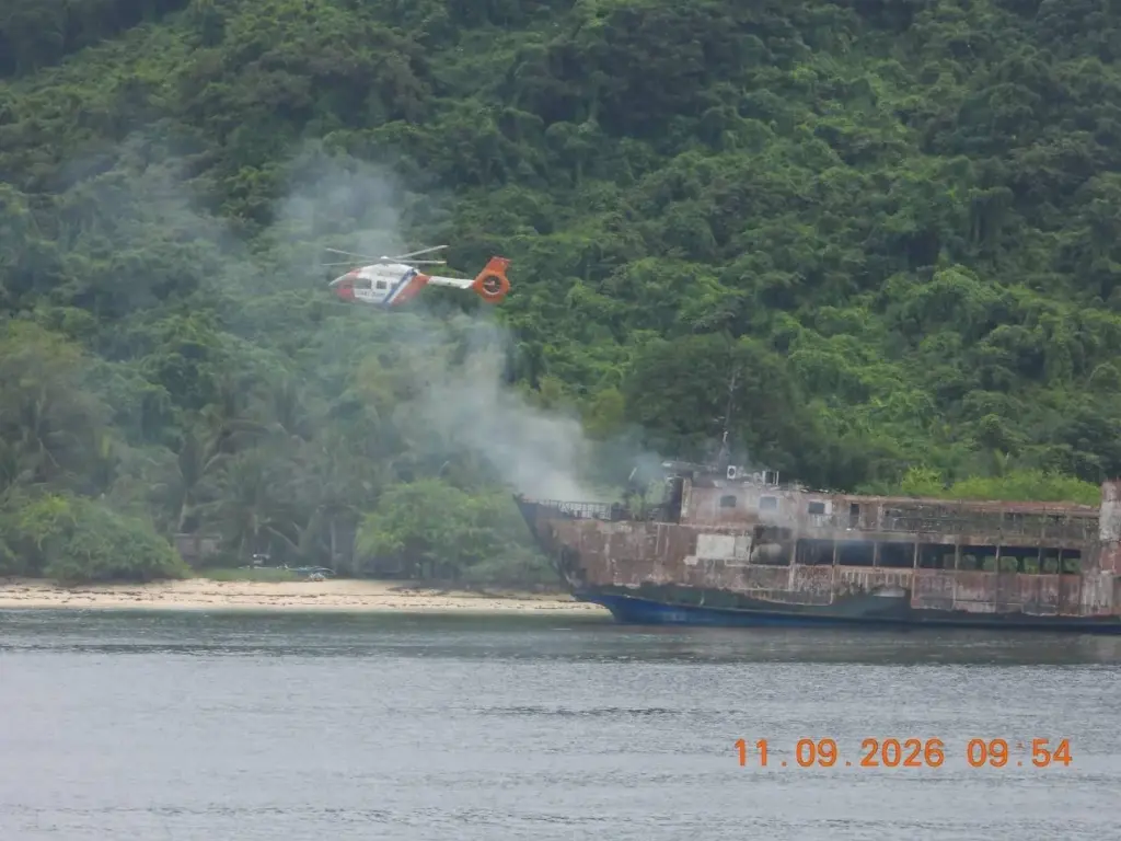 In this photo provided by the Philippine Coast Guard, aerial...