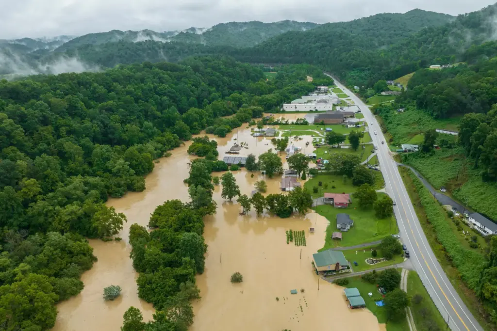 Homes and structures are flooded near Quicksand, Kentucky.