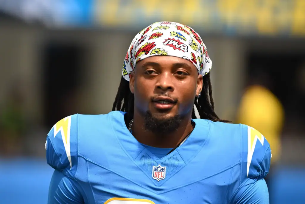 Chargers running back Keaton Mitchell (34) prior to an NFL...