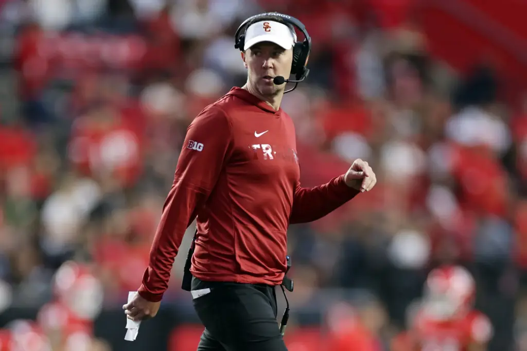 USC head coach Lincoln Riley reacts during the second half...