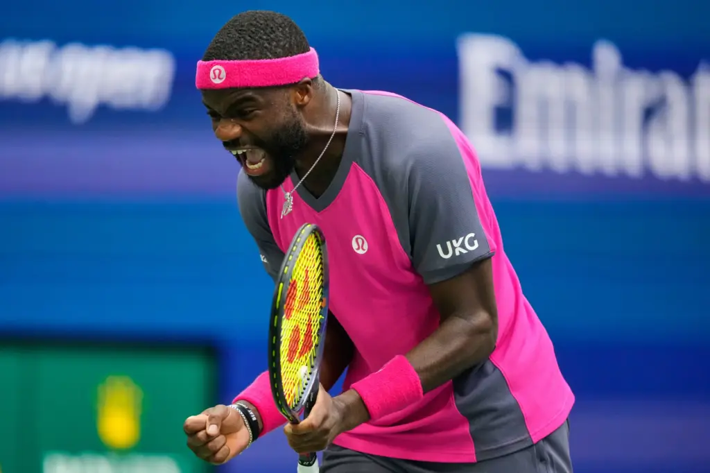 Frances Tiafoe, of the United States, reacts during a match...