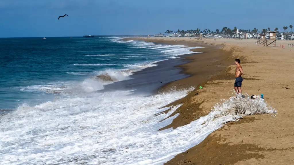 A man stands on top of a sand berm as...