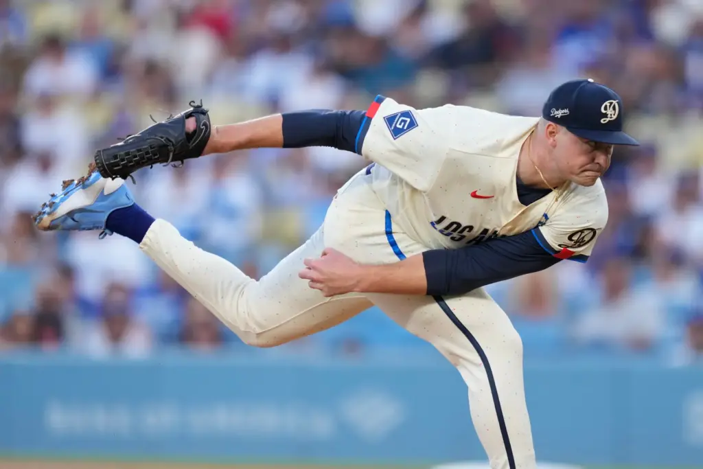 Dodgers pitcher Tarik Skubal throws to the plate during the...