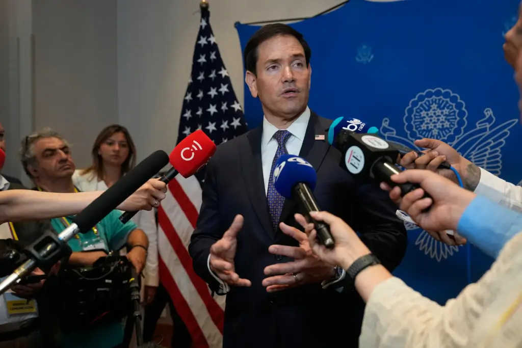 Secretary of State Marco Rubio meets with reporters in Barranquilla, Colombia.