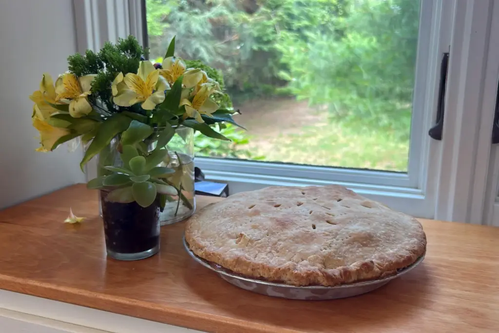 A freshly baked apple pie sits next to a window in Marlborough, Massachusetts.