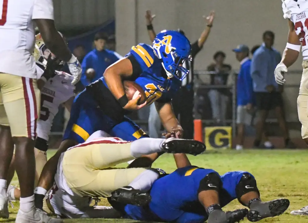 Bishop Amat âs Jairus Suani (30) scores a touchdown against...