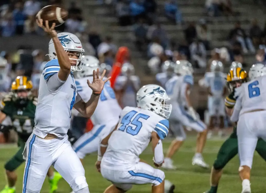 Corona del Mar quarterback John David Annett (4) throws the...