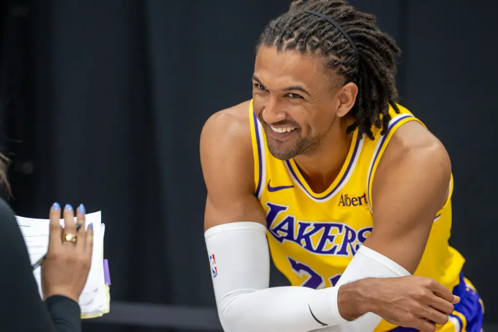Lakers guard Matisse Thybulle smiles during the team’s annual preseason...