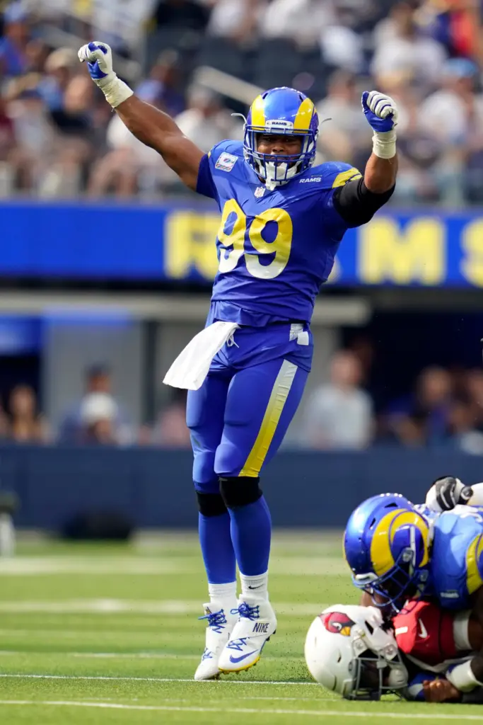 Rams defensive end Aaron Donald celebrates a defensive stop during...
