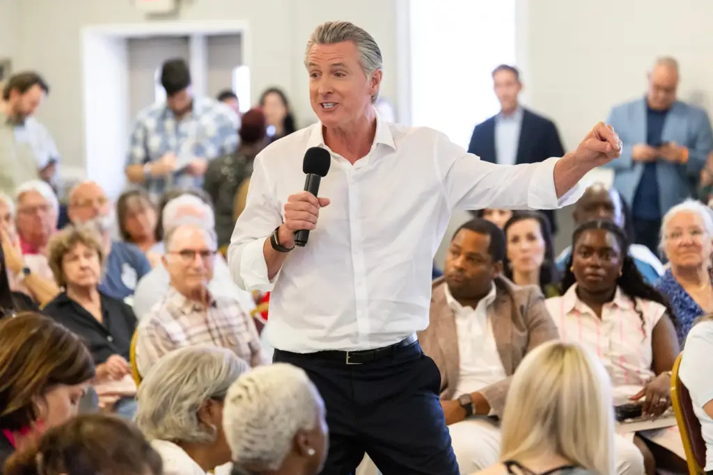 California Gov. Gavin Newsom speaks to supporters during a campaign...