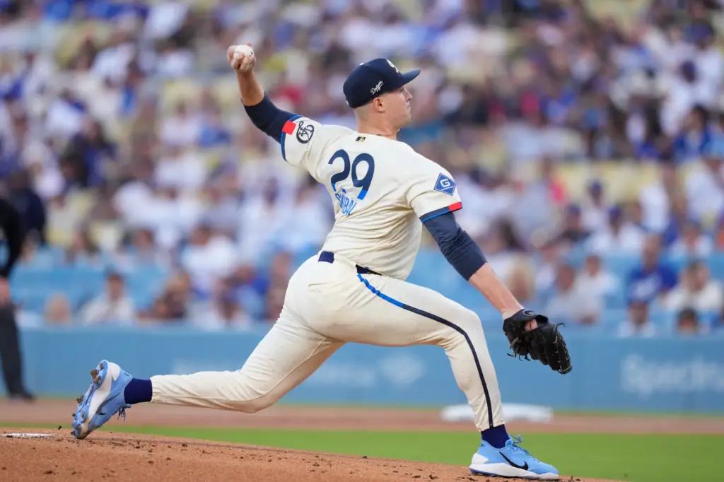 Dodgers pitcher Tarik Skubal throws to the plate during the...