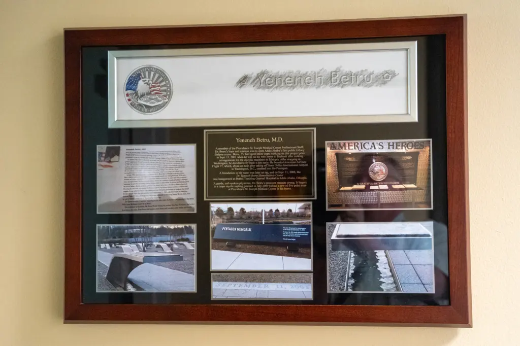 A plaque at Providence Saint Joseph Medical Center in Burbank,...