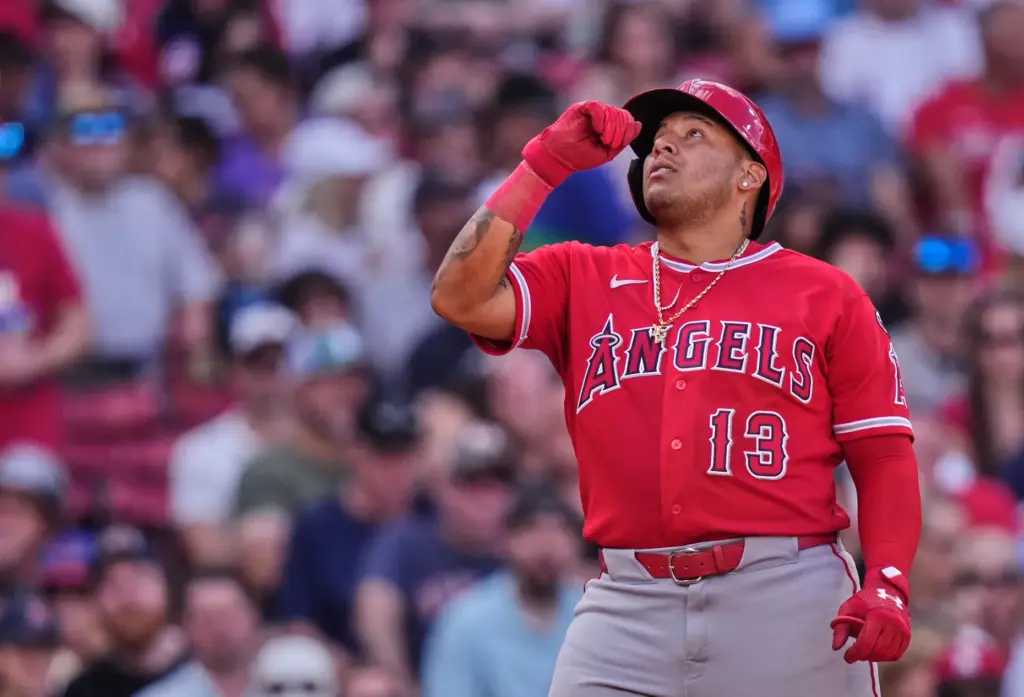 Los Angeles Angels’ MoisÃ©s Ballesteros celebrates after his solo home...