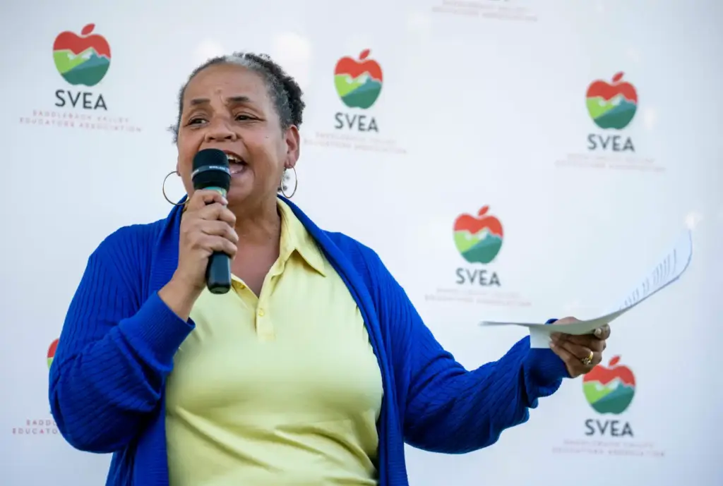 Sonta Garner-Marcelo, president of the Santa Ana Educators Association, speaks...