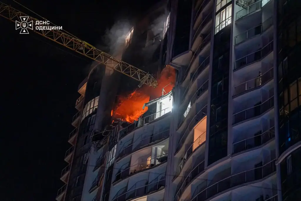 A residential building is seen on fire following a Russian air attack in Odesa, Ukraine.