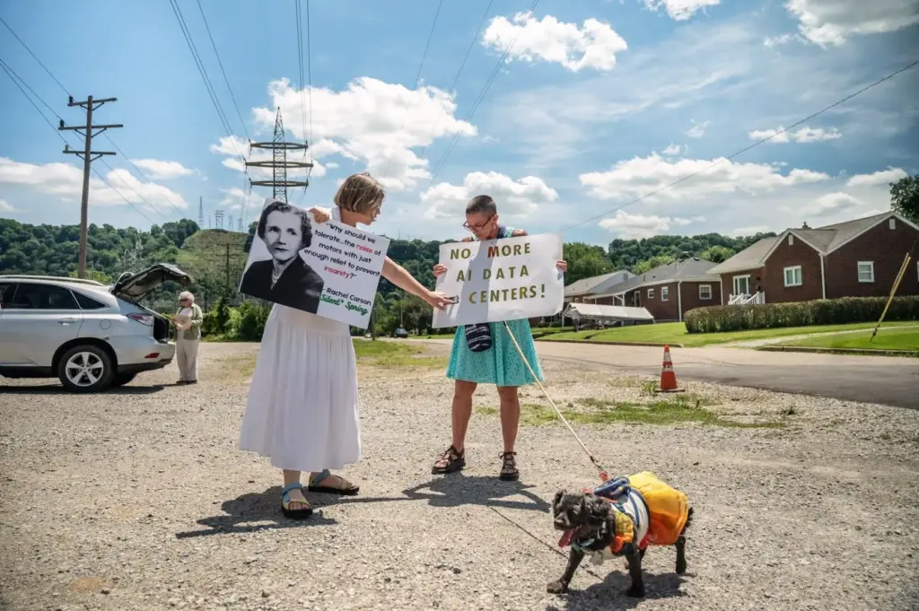 Charolette Baierl and Sally Simpson protest a planned data center.