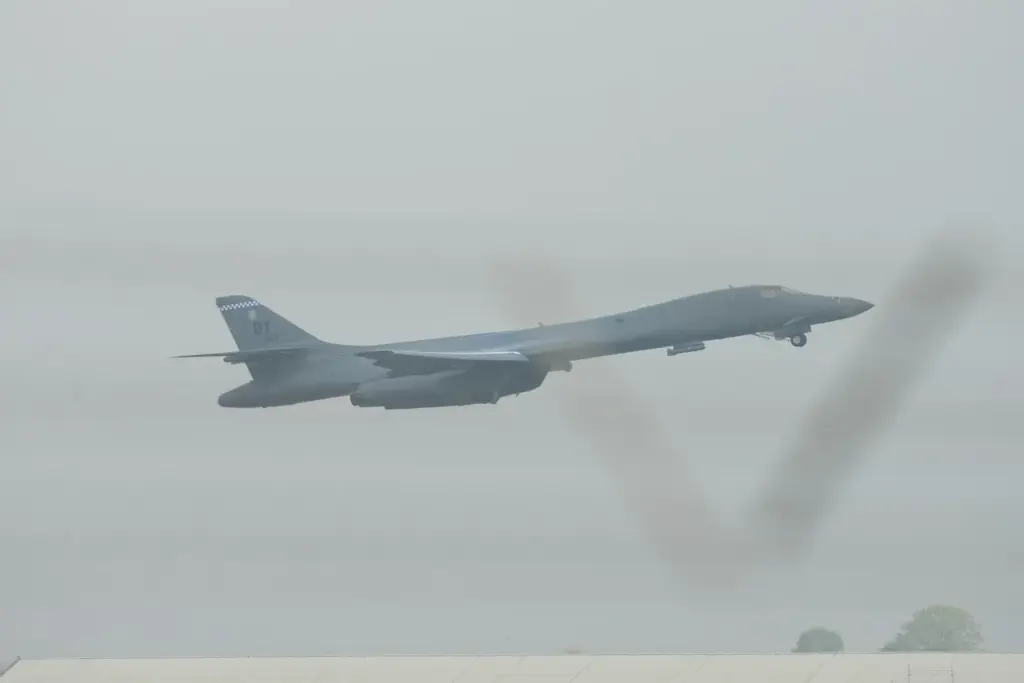 A B-1 bomber takes off from RAF Fairford in Fairford, England.