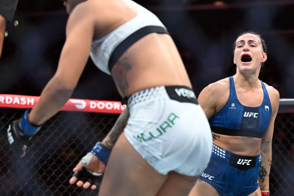 Casey OâNeill reacts after defeating Eduarda Moura at UFC 331...