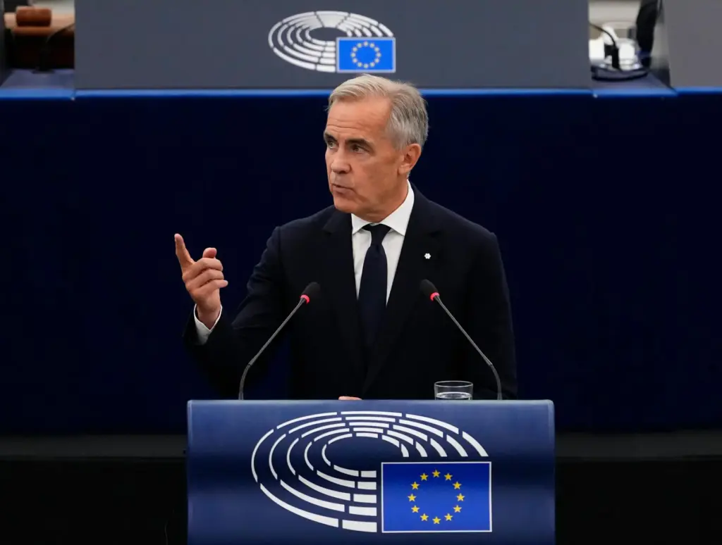 Prime Minister Mark Carney addresses the European Parliament in Strasbourg,...