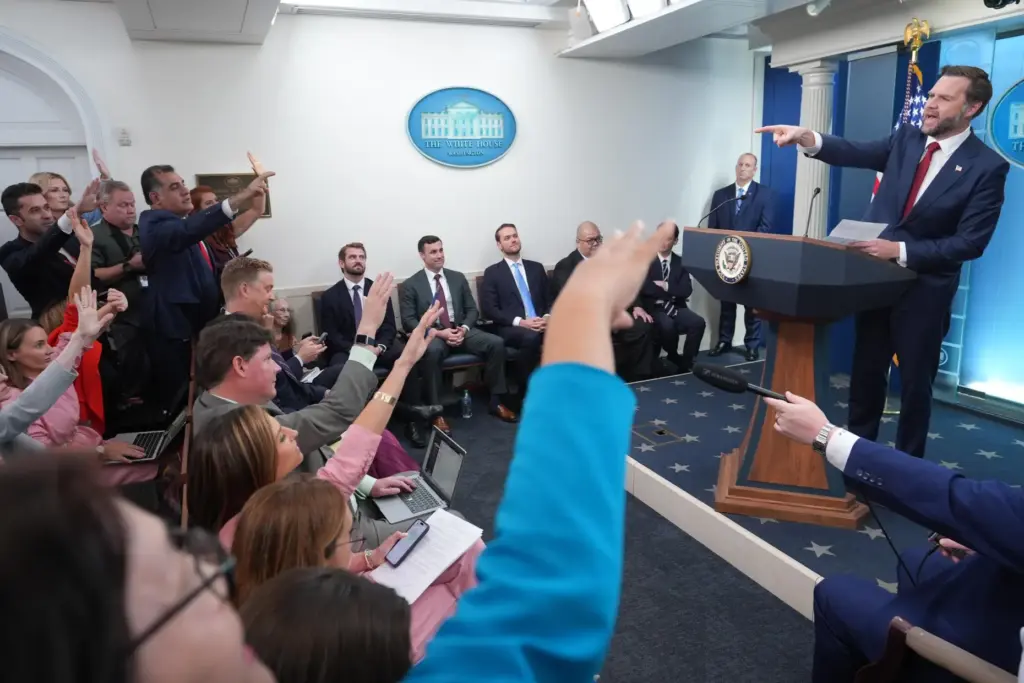 Vice President JD Vance speaks with reporters in the James Brady Press Briefing Room.