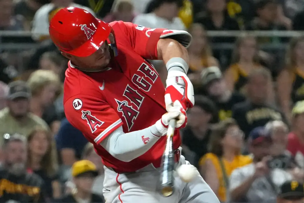 Angels’ Mike Trout singles off Pittsburgh Pirates pitcher Isaac Mattson...