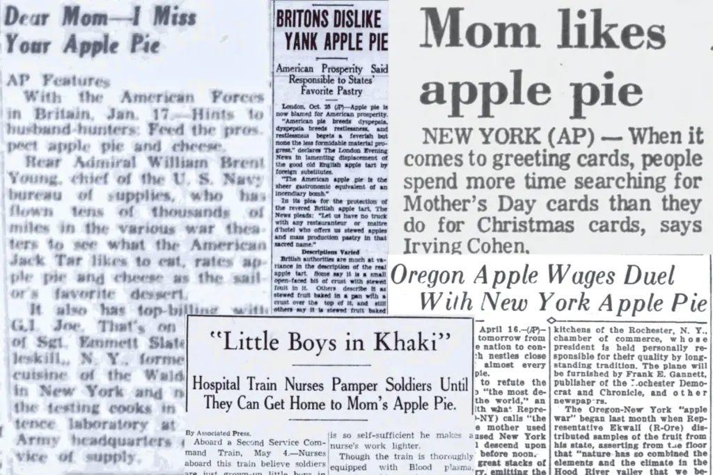 Assorted newspaper clippings with Associated Press stories related to apple pie.