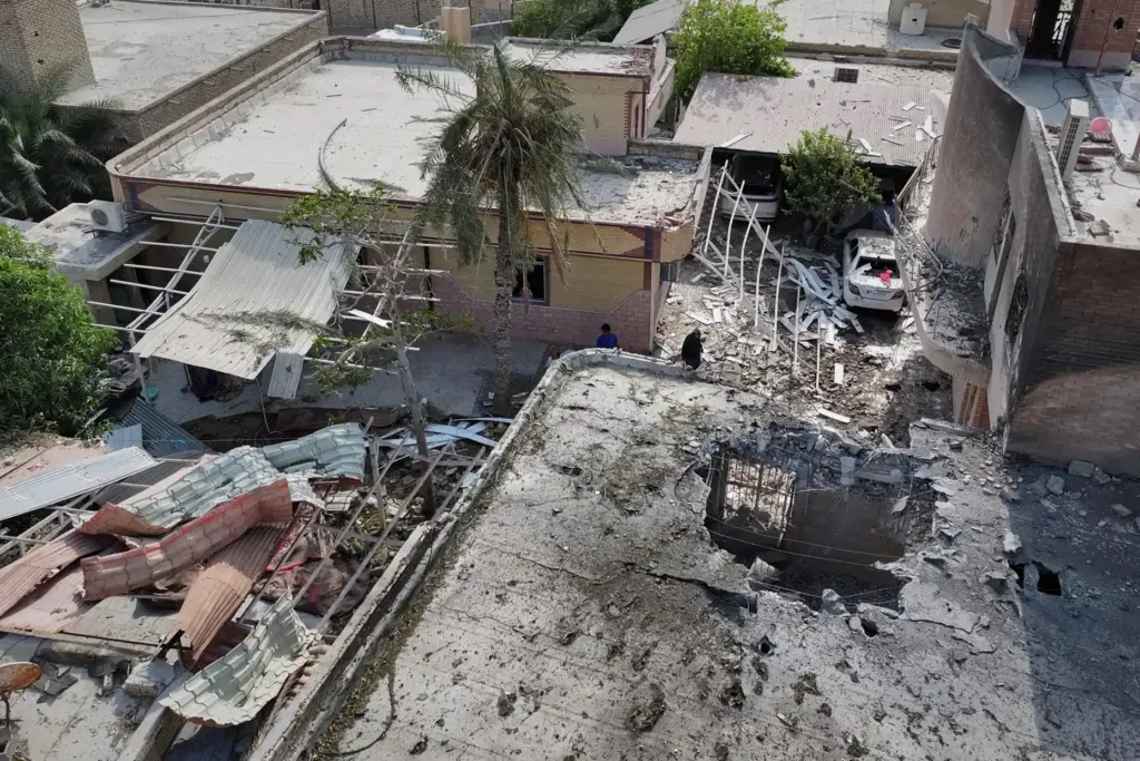 An aerial view shows the apparent point of impact on...