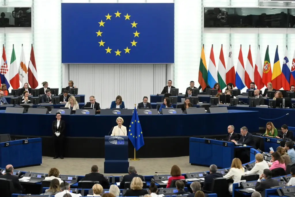 European Commission President Ursula von der Leyen delivers a speech.