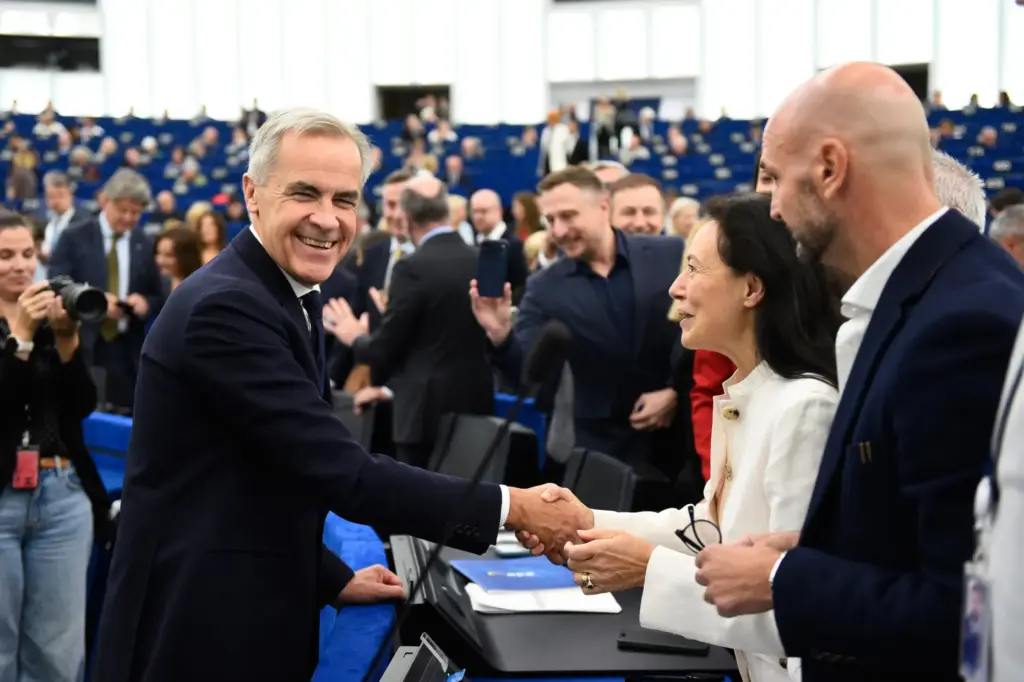 Canada's Prime Minister Mark Carney arrives to deliver a speech at the European Parliament.