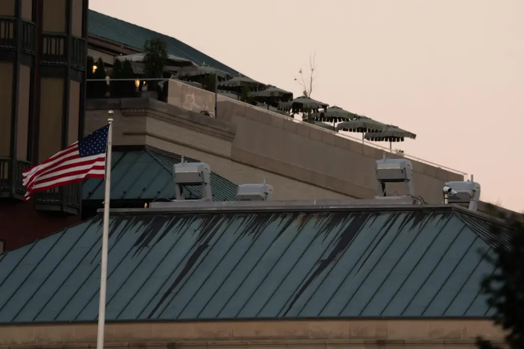 Drones stations are pictured on a federal building near the...