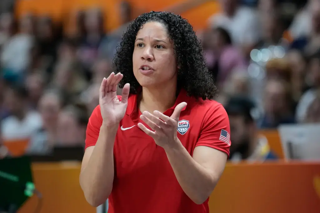 Team USA coach Kara Lawson reacts on the sideline during...