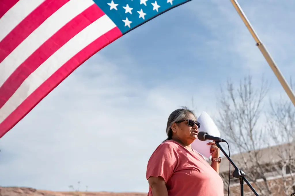 Yolanda Badback speaks at a No Kings rally in Moab, Utah.