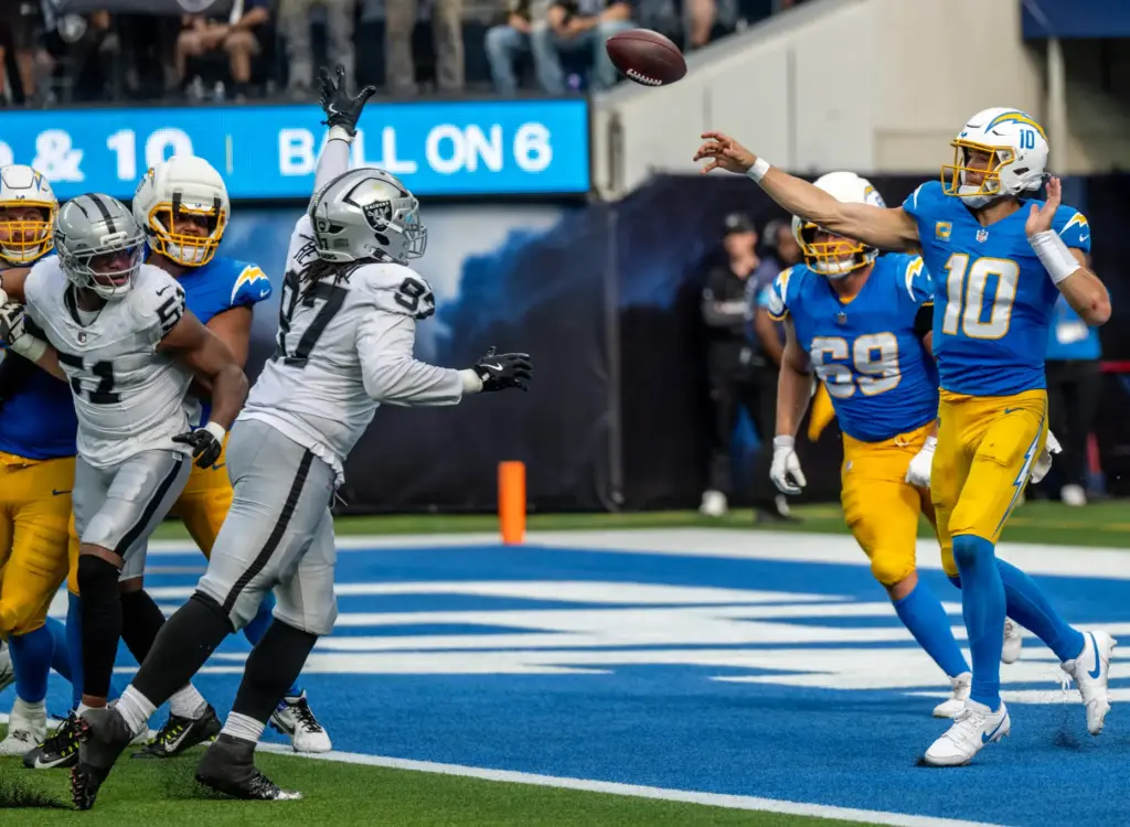 Chargers quarterback Justin Herbert (10) throws the ball during the...
