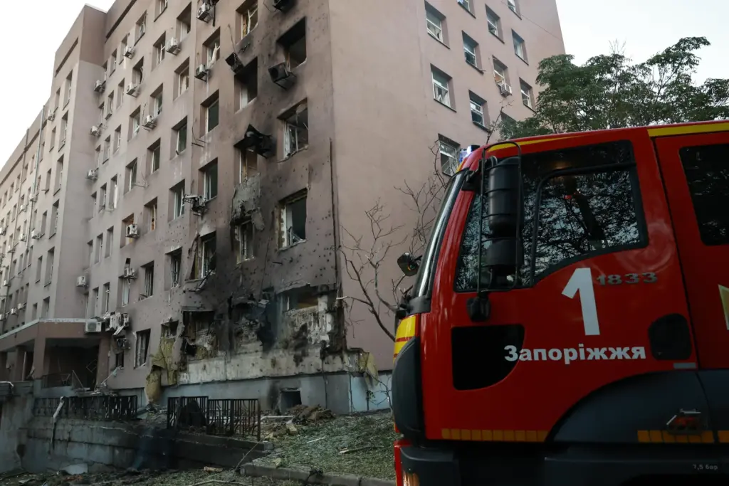 A hospital is seen damaged after a Russian drone strike...