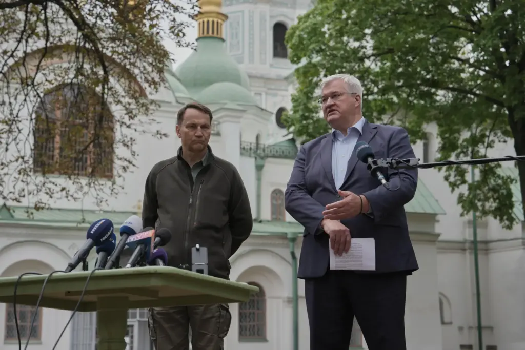 Ukrainian Foreign Minister Andrii Sybiha speaks during a news conference with Poland's Foreign Minister Radoslaw Sikorski.