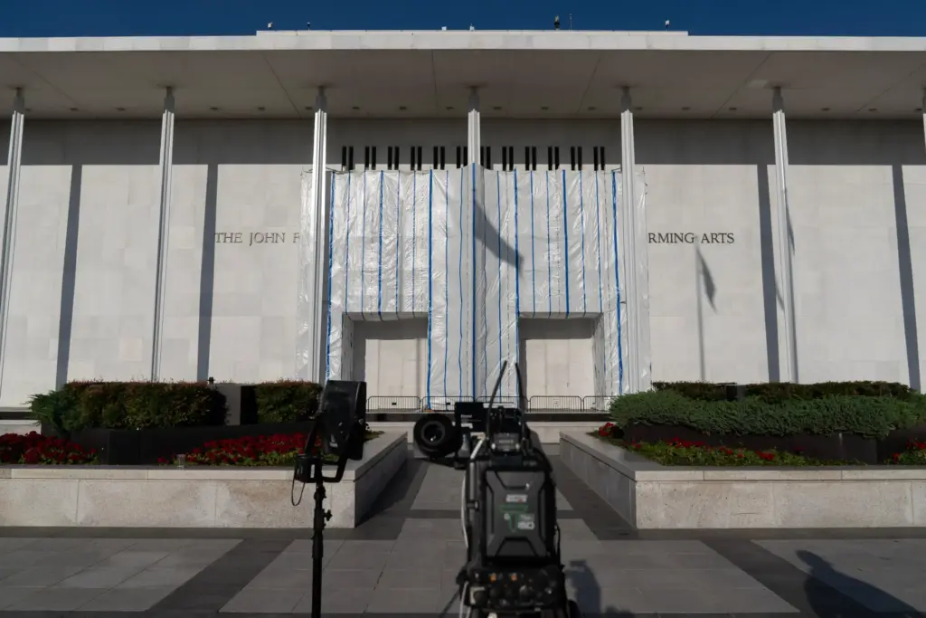 Gear from a television crew is seen outside of the...