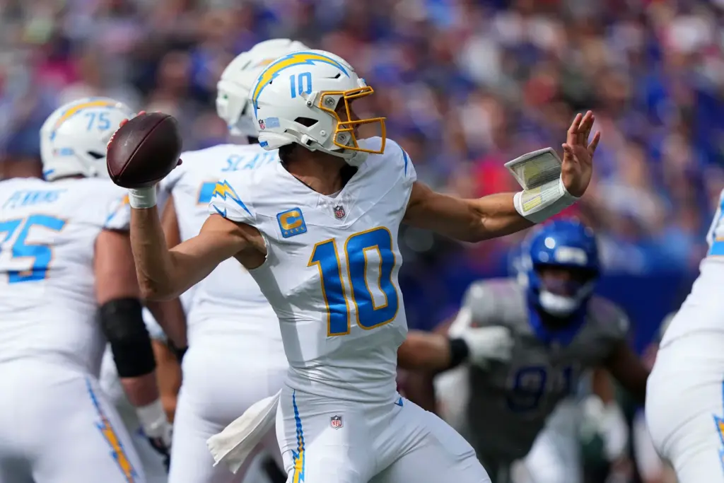 Chargers quarterback Justin Herbert throws a pass during the first...