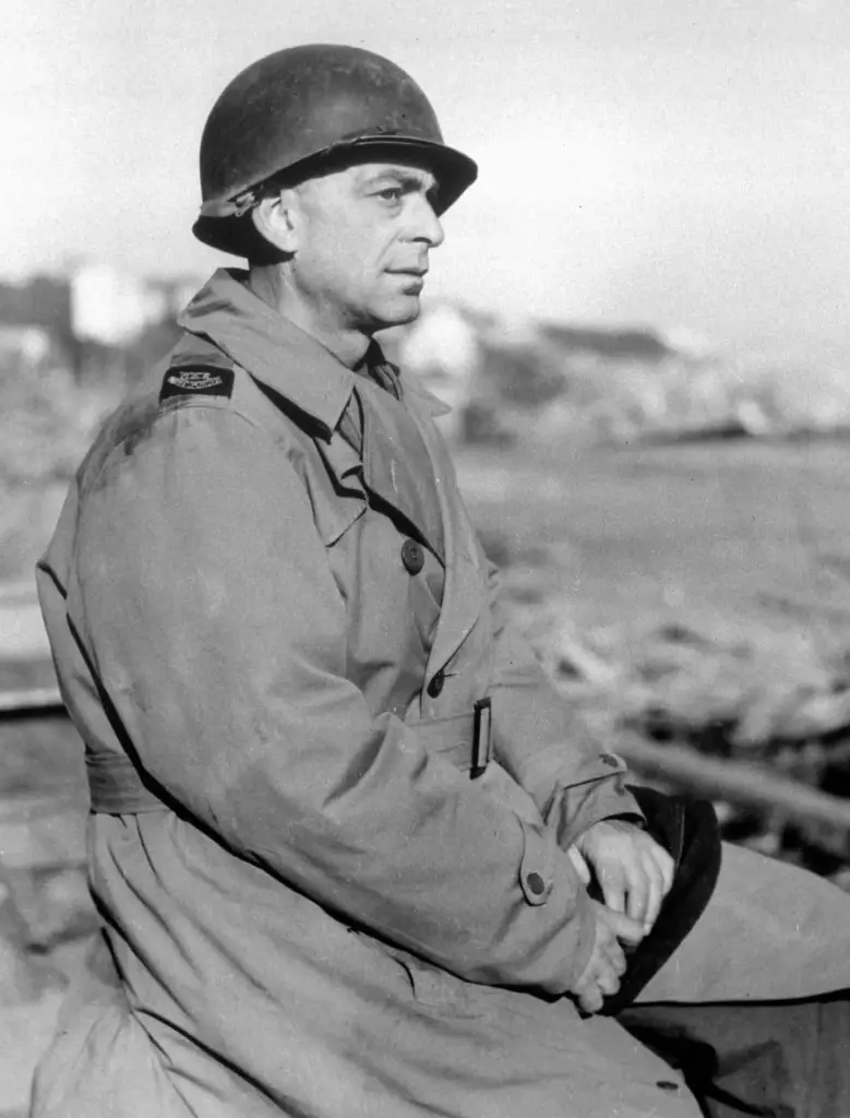 Ed Kennedy wears a metal helmet in this March 1944 photo.