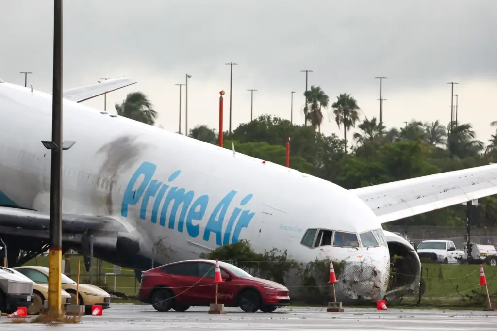 An Amazon cargo plane sits at Miami International Airport after...