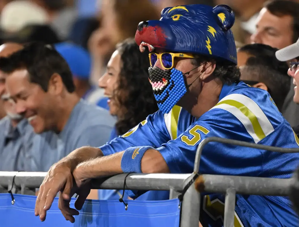 A UCLA Bruins fan looks on against the Purdue Boilermakers...