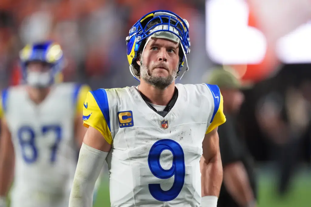 Rams quarterback Matthew Stafford leaves the field following an NFL...