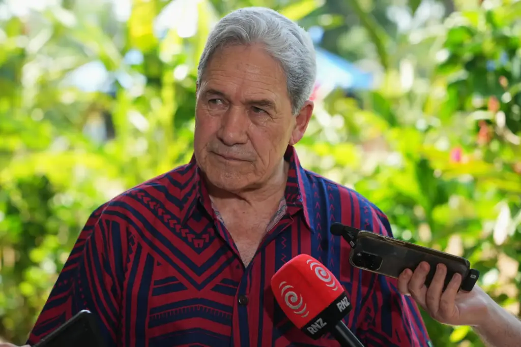 New Zealand Foreign Minister Winston Peters speaks to reporters.