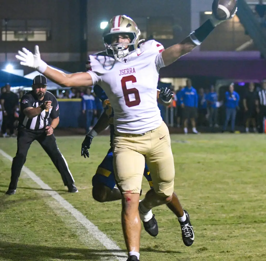 JSerra tight end Grayson Matvay (6) scores a touchdown in...