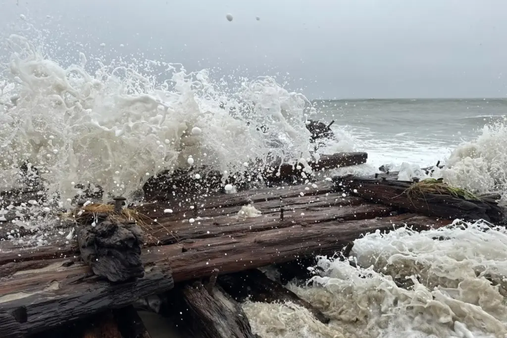 Shipwreck remains exposed by a powerful nor’easter are seen along...