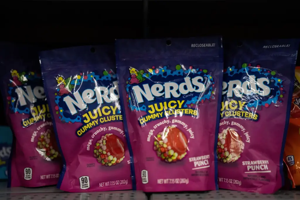 Packages of Nerds Gummy Clusters are on display at a store.