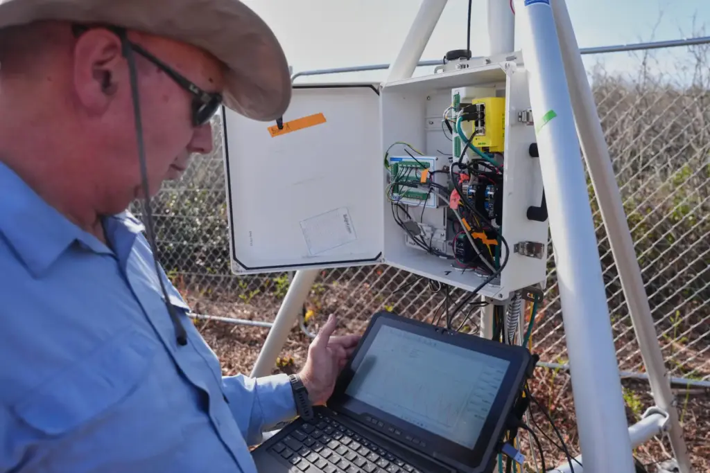 Neal Flanagan, a research scientist at Duke University, displays real-time...